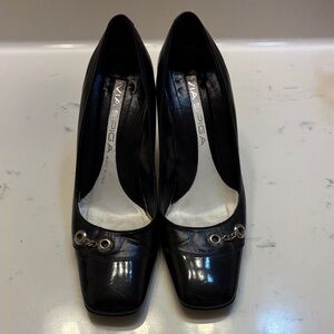 Via Spiga Black Leather Square-Toe Heels with Metal Eyelet Detail